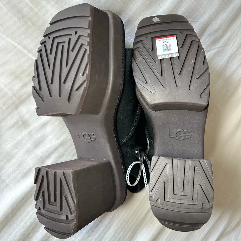 UGG | New Heights Platform Sandals -  Black Suede Chunky Y2K
